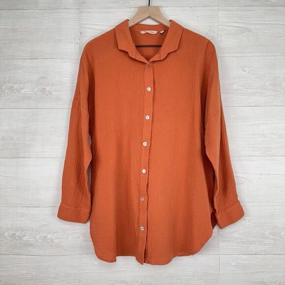Soft Surroundings Tunic Top L Orange Cotton Gauzy Button Up Shirt Long Sleeves - Picture 1 of 13